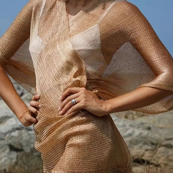 New Gold Fringe Kimono / Shawl /Swim Cover-Up - Picture 3 of 12